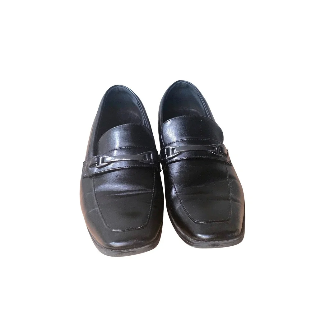 Perry Ellis Mens Black Leather Bit Loafers Square‎ Toe Dress Shoes Size 10.5